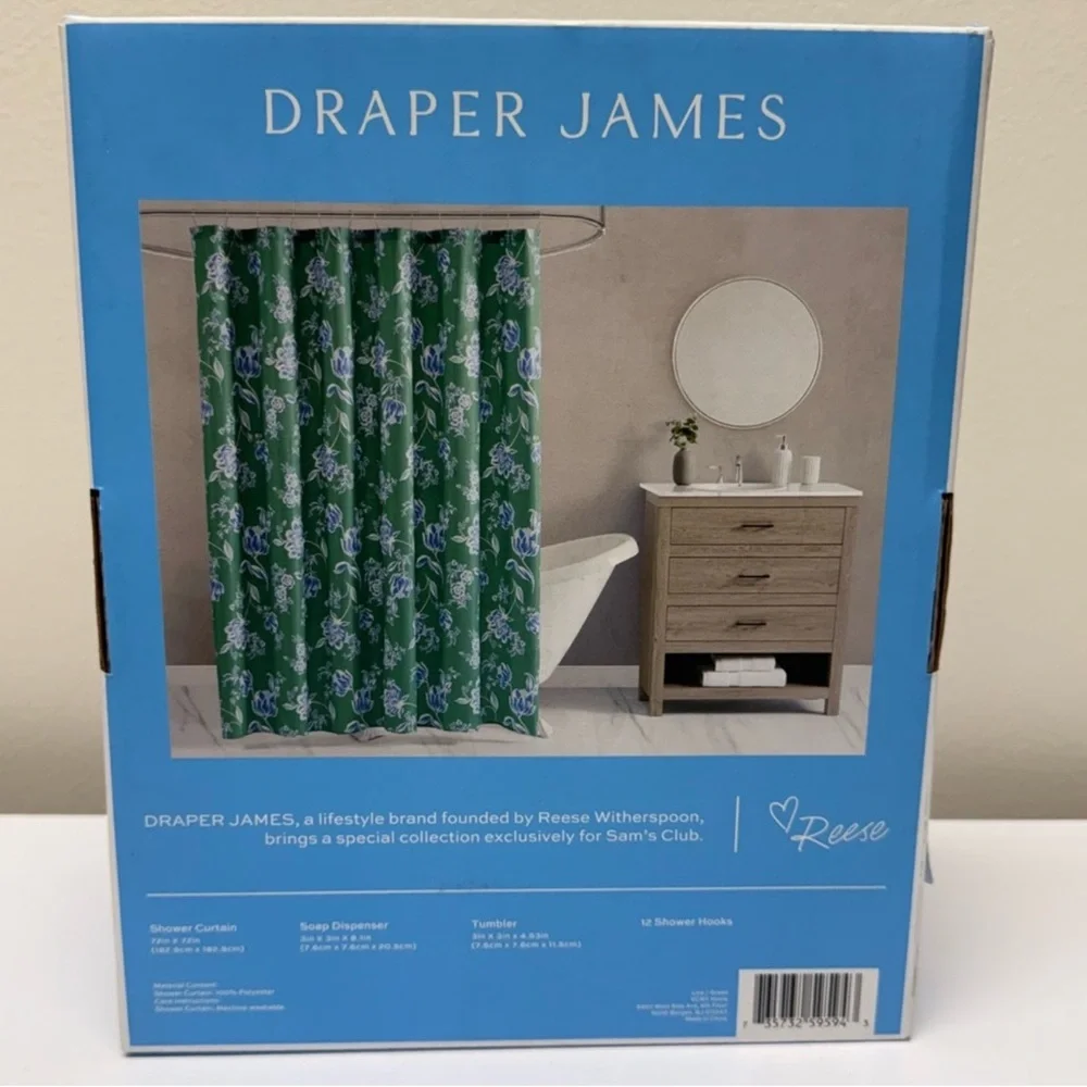 Draper James 15-Pc Bath Set Green & Blue Shower Curtain, Soap Dispenser, Tumbler